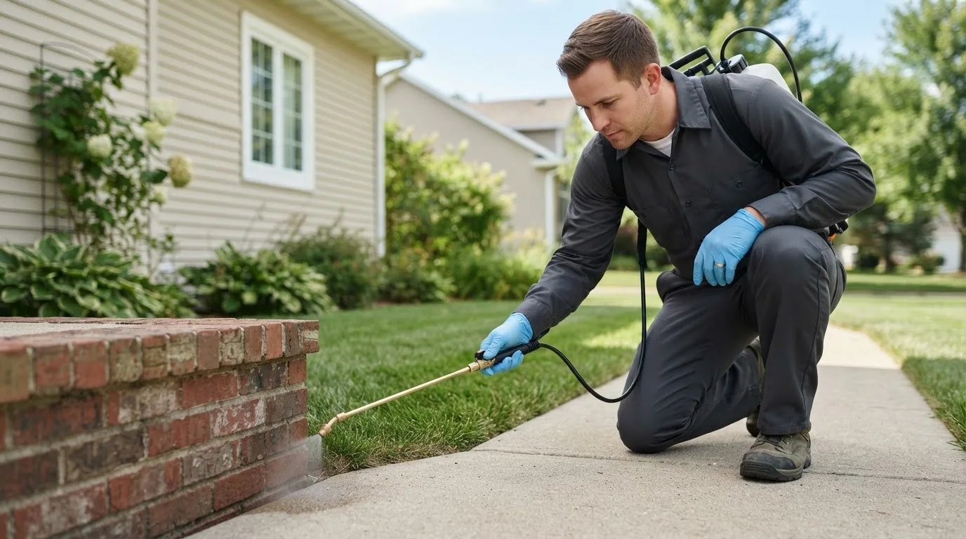 Pest control technician treating a home near Liberty, IL