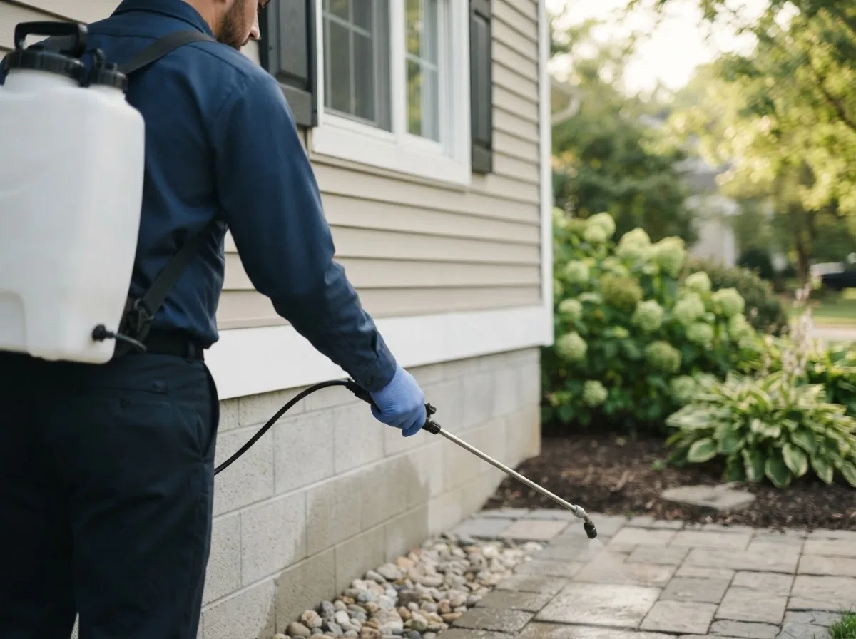 Pest control technician inspecting a home in Liberty, IL
